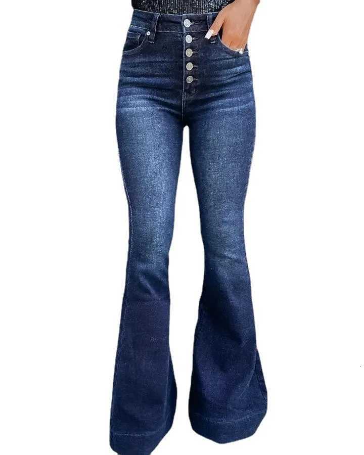 Four Seasons Womens Casual Trendy Singlebreasted High Waist Jeans Flare Pants Casual Trendy Dark Blue Solid Denim TrousersT251013