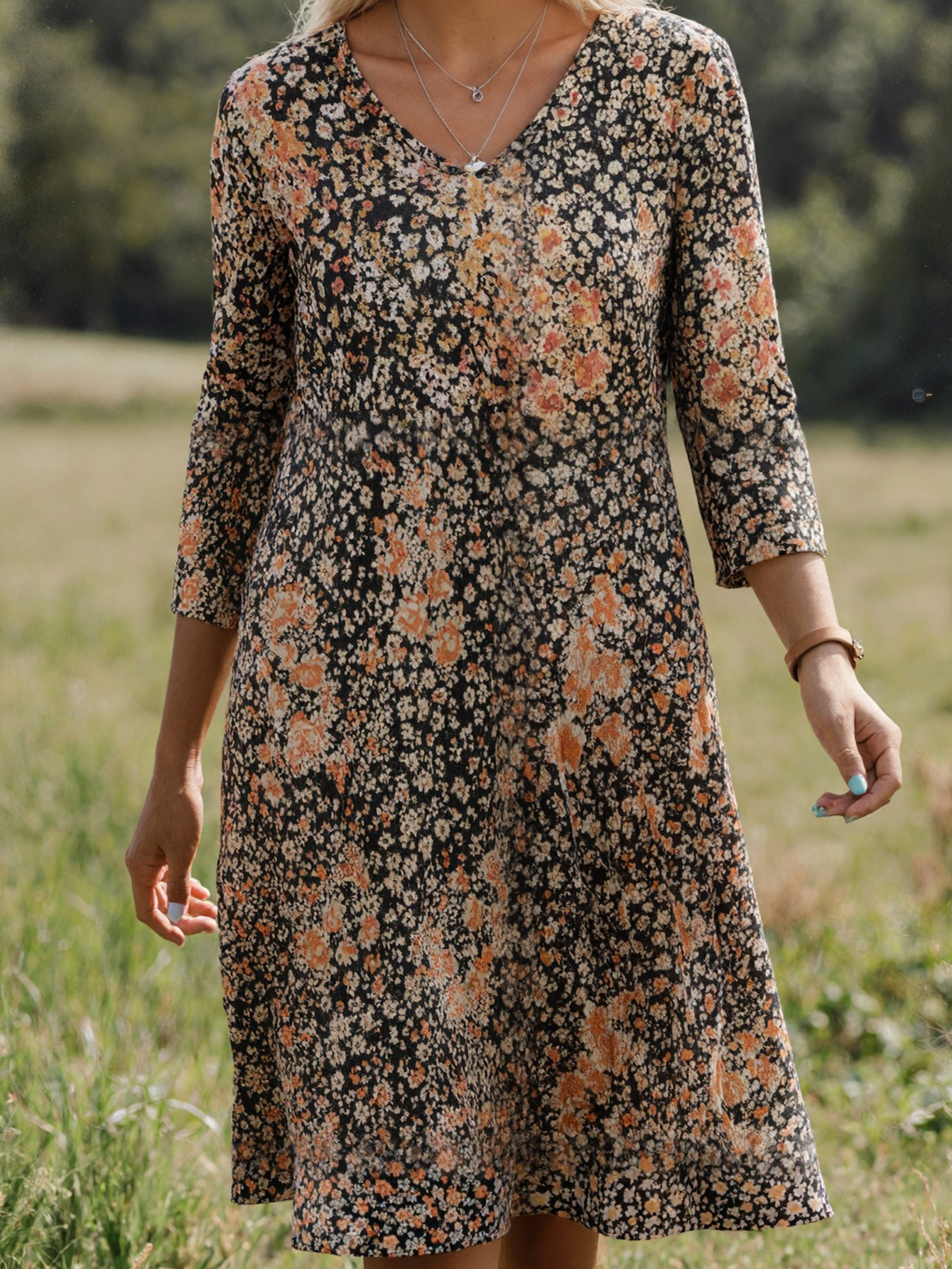Women's Autumn Winter New Ditsy Floral Printed Casual & Versatile Plus - Size Midi Dress-YL23455