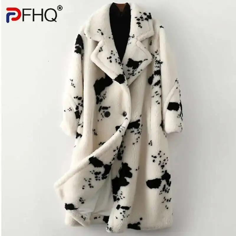 PFHQ Men Winter Warm Wool Fur Like Coat Sheep Sheared Loose Long Printed Fashion Casual Windbreaker Contrast Color 21Z7600 251011