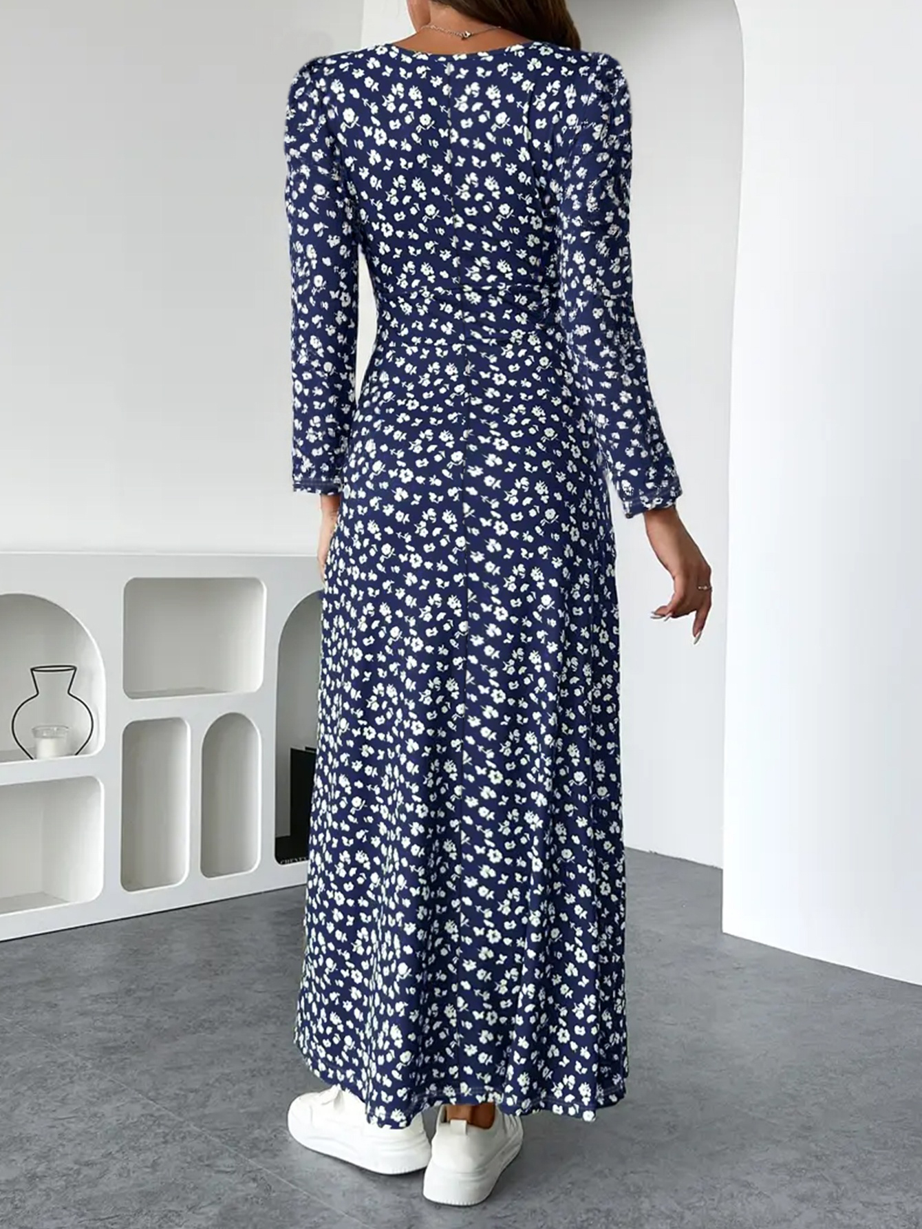 Women's Autumn Winter Fashion Ditsy Floral Midi Dress - Versatile Party & Slimming & Body - Shaping Navy Blue Dress-CF55199