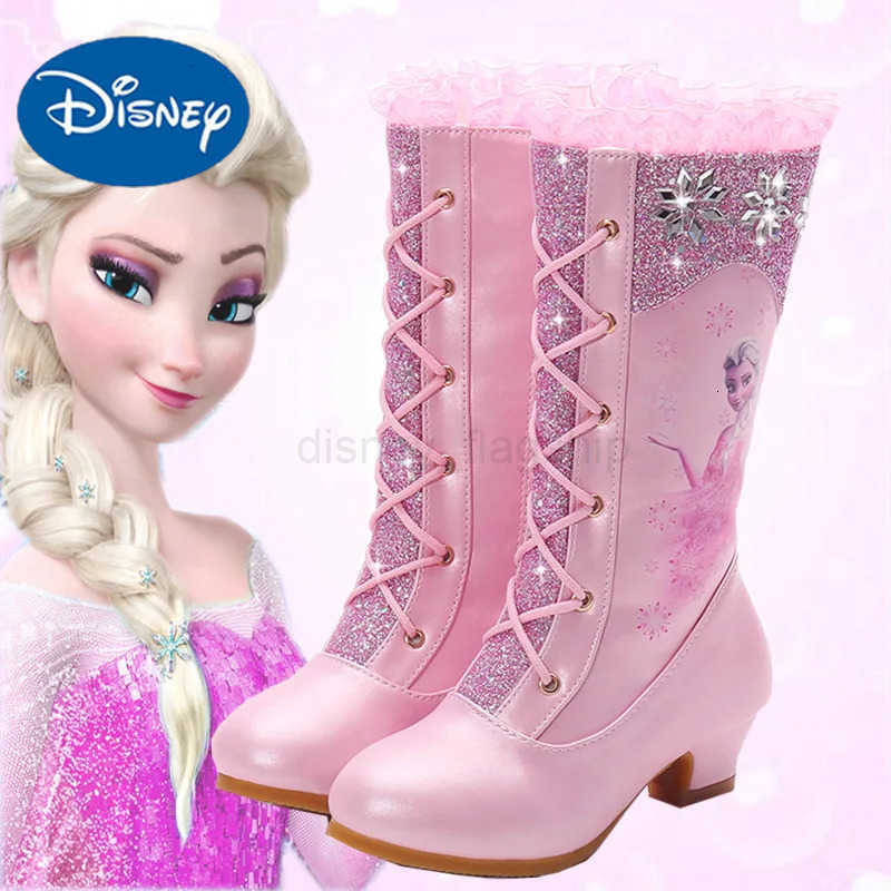 Disney Girls Leather Boots Winter Frozen Boots Side Zipper High Plush Princess Elsa Boots Warm Childrens Boots Size 2737XJ251013