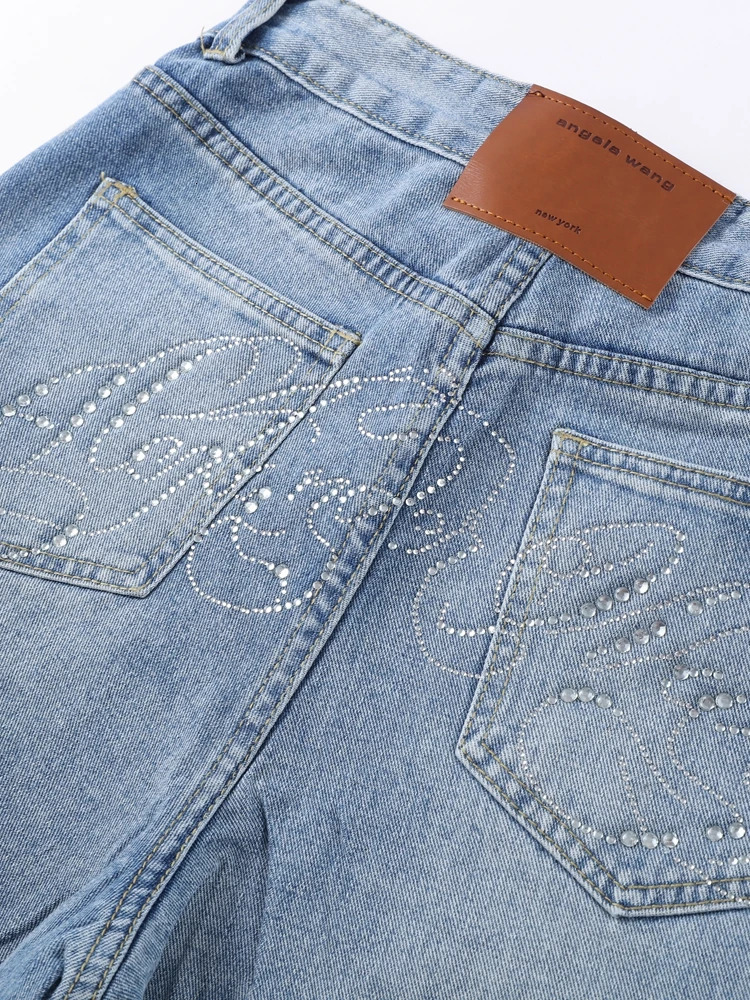 Spring High Waist Straight Leg Denim Pant For Woman Back Pockets Stitching Rhinestone Detail Ladies Simple Washed Blue Trousers 251013 - view 6