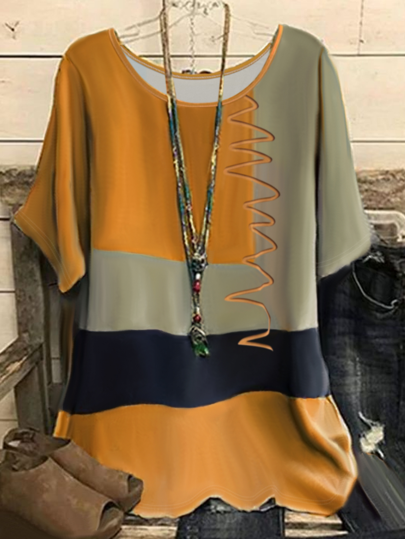 Women's Spring Summer Color - Block Printed Round Neck Top - Versatile Retro Casual & Loungewear Top-CF52778