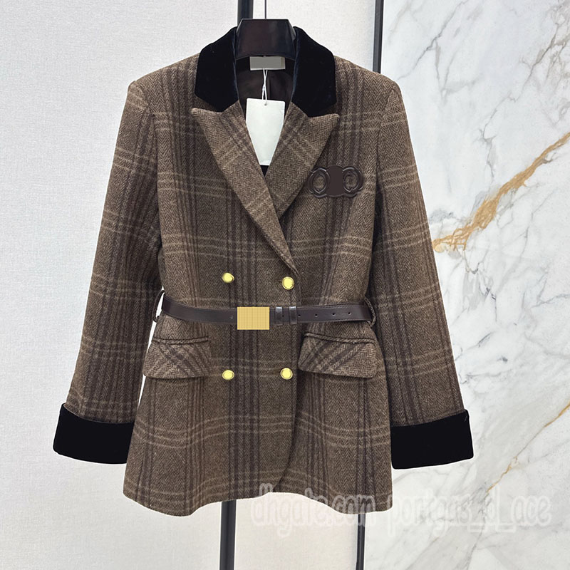 Retro Checked Women Blazer Coat with Waist Belt Designer Elegant Contrast Color Velour Collar Outerwear Winter Spring OL Formal Suit