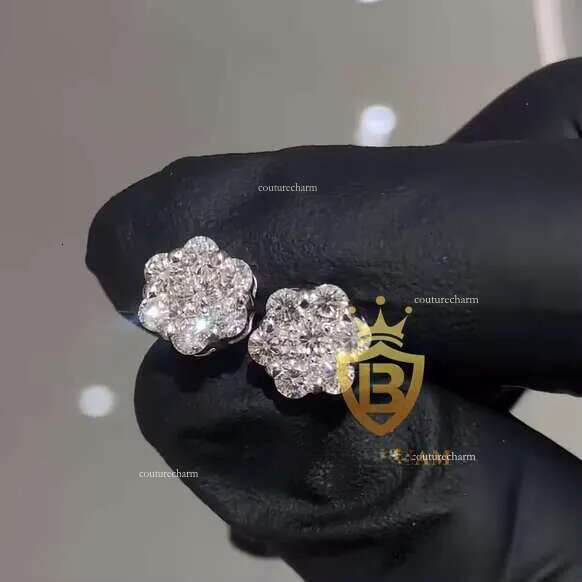 Read to Ship D VVS Moissanite Stud Sterling Sier 10k 14k Plated Hip Hop Earrings Earring Flower Ear Rings