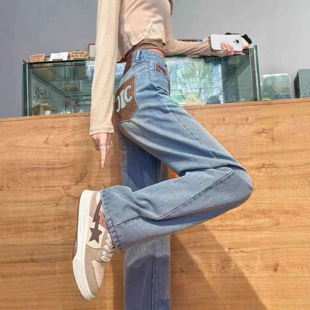 Spring 2025 High Waist Straight Leg Jeans Women Slimming Pockets Embroidered Light Blue Smoke Tube Long PantsT251013