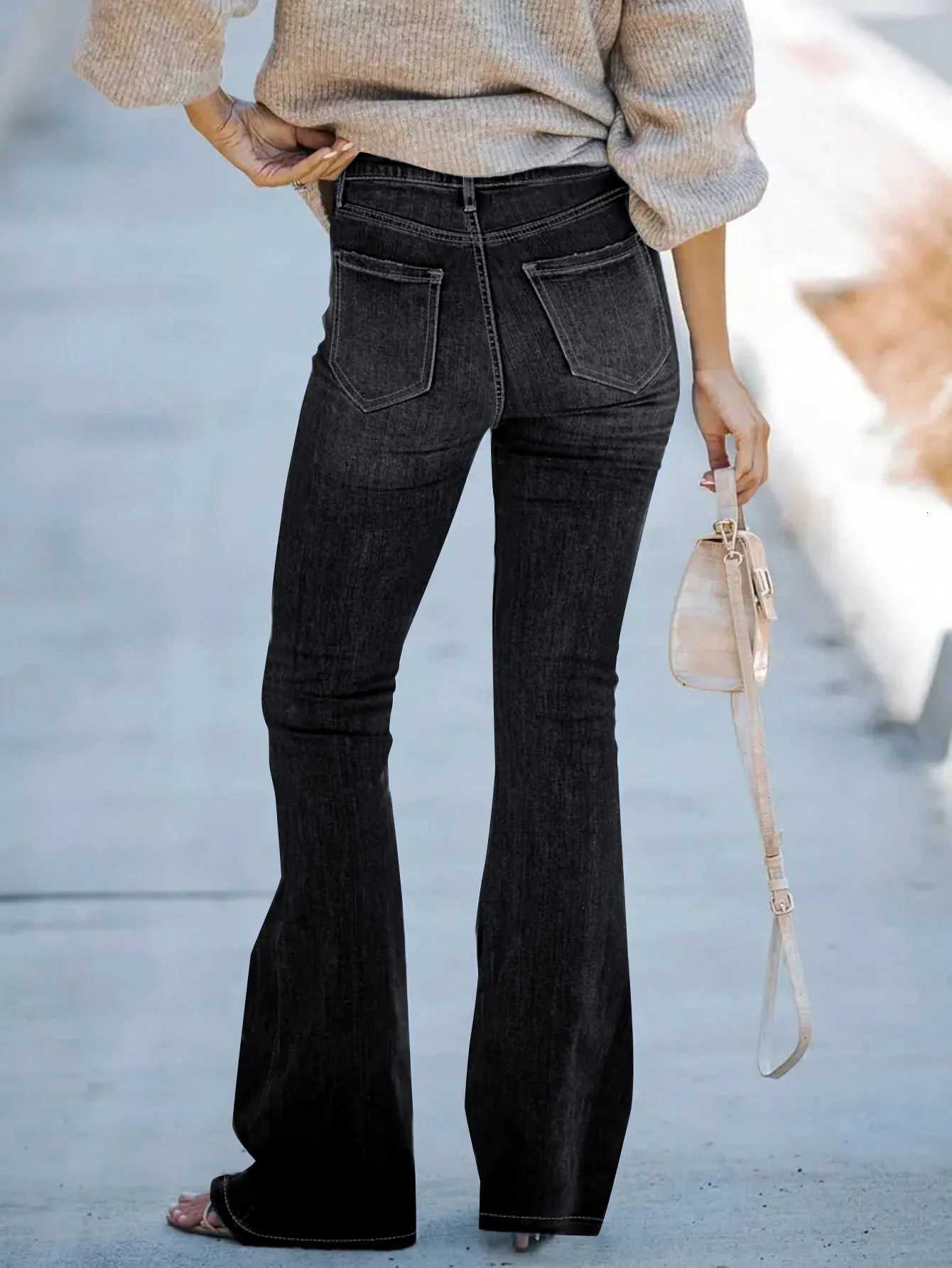 Womens solid color simple daily jeans fashion allmatch washed diagonal pocket horn jeansT251013