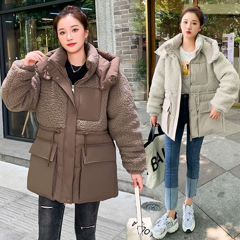 New Korean Fashion Autumn Winter Jacket Patchwork Lamb Wool Thick Loose Cotton Coat For Women B5