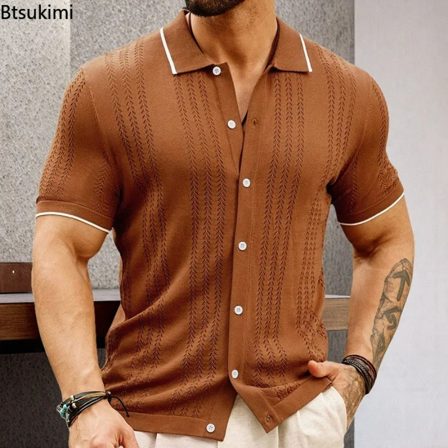 2025 Mens Striped Patchwork Knitwear Summer Men Half Zip Knit Pullovers Tshirt Man Business Casual Short Sleeve Polo Shirt 251011