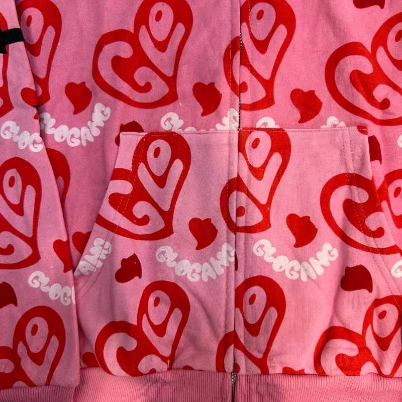 Glo Gang Zip Hoodie Unisex Rhinone Embellished Cartoon Print Pink Streetwear Cozy Hooded Sweatshirt W251013