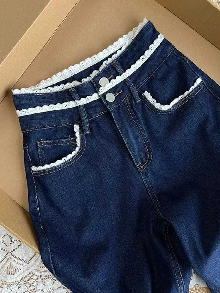 DFCF 2025 New Casual Straight Jeans Streetwear Vintage Blue Lace Spliced Jeans Women Y2K Fashion High Waist Loose Wide Leg PantsT251013