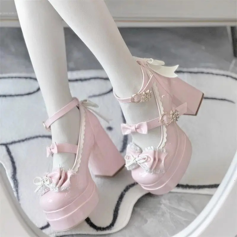 Lovely Girls Lolita Bowknots Platform Block Heels Shoes Platform Female Students Sweet Highheeled Delicate Elevator Mary Janes 251010