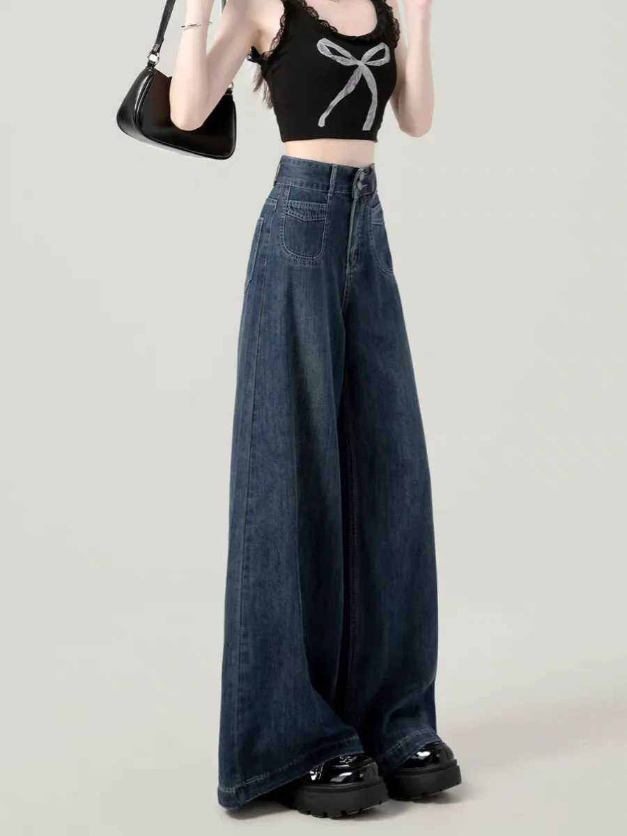 Casual Womens Jeans Autumn Winter High Waist Wide Leg Loose Trousers Vintage Heavyweight Lazy Drape Straight Long PantsT251013