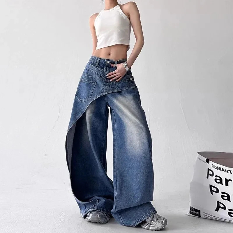 Y2K Fashion Irregular Patchwork Jeans Women Korean Chic Streetwear Hip Hop Straight Trousers Bf High Waist Casual Denim 251010 - view 6