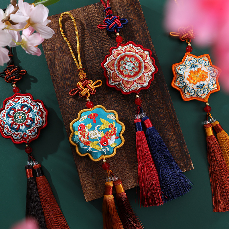 Scented Embroidered Pendants Set: Two Pack of Decorative Charms Ideal for Cars, Bags, Festive Gifting