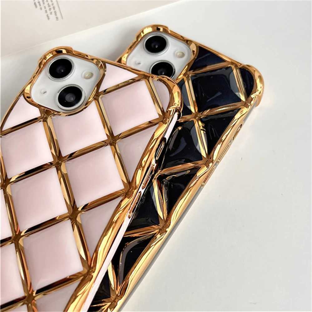 Crossbody Necklace Chain Lanyard Plating Diamond Lattice Phone Case for iPhone 14 11 12 13 15 Pro Max Plus Soft Silicone CoverW251011