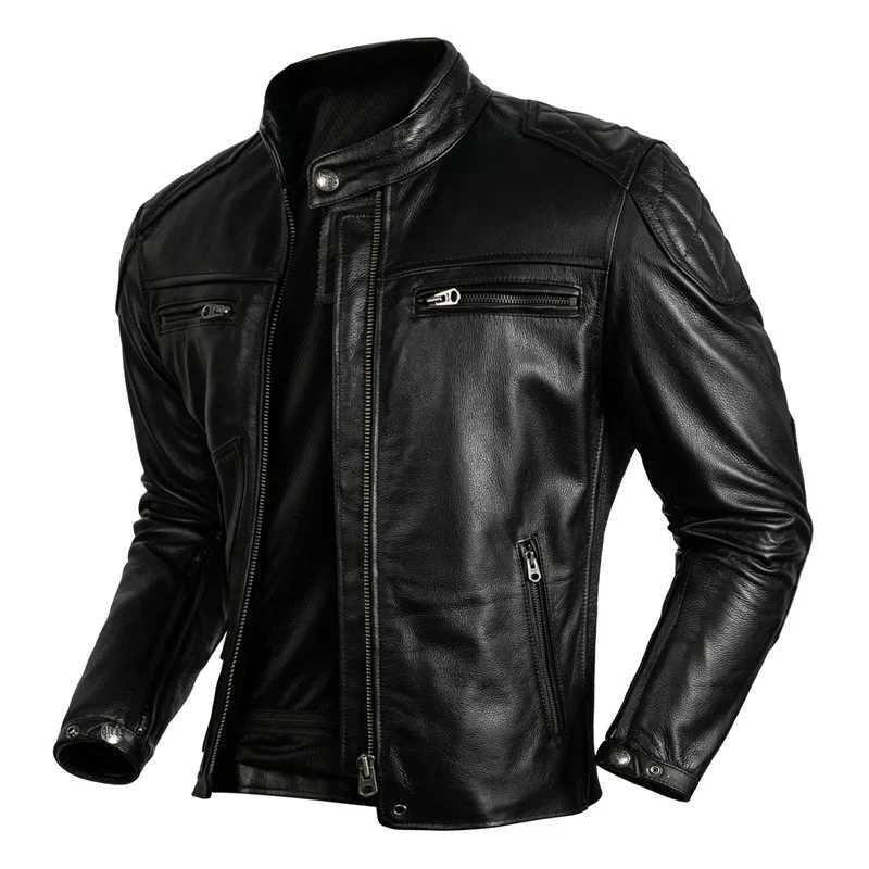 2025 New Top Layer Cowhide Leather Jacket Men Black Stand Collar Short Genuine Leather Coat High Quality Motorcycle Jackets L251013