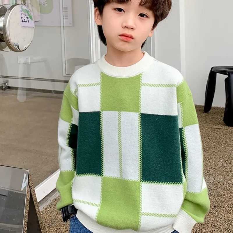 2025 Spring Autumn New Boys Plaid Flannel Sweater LooseKnit Thickened FleeceLined Childrens SweaterKids Winter Coat C251013