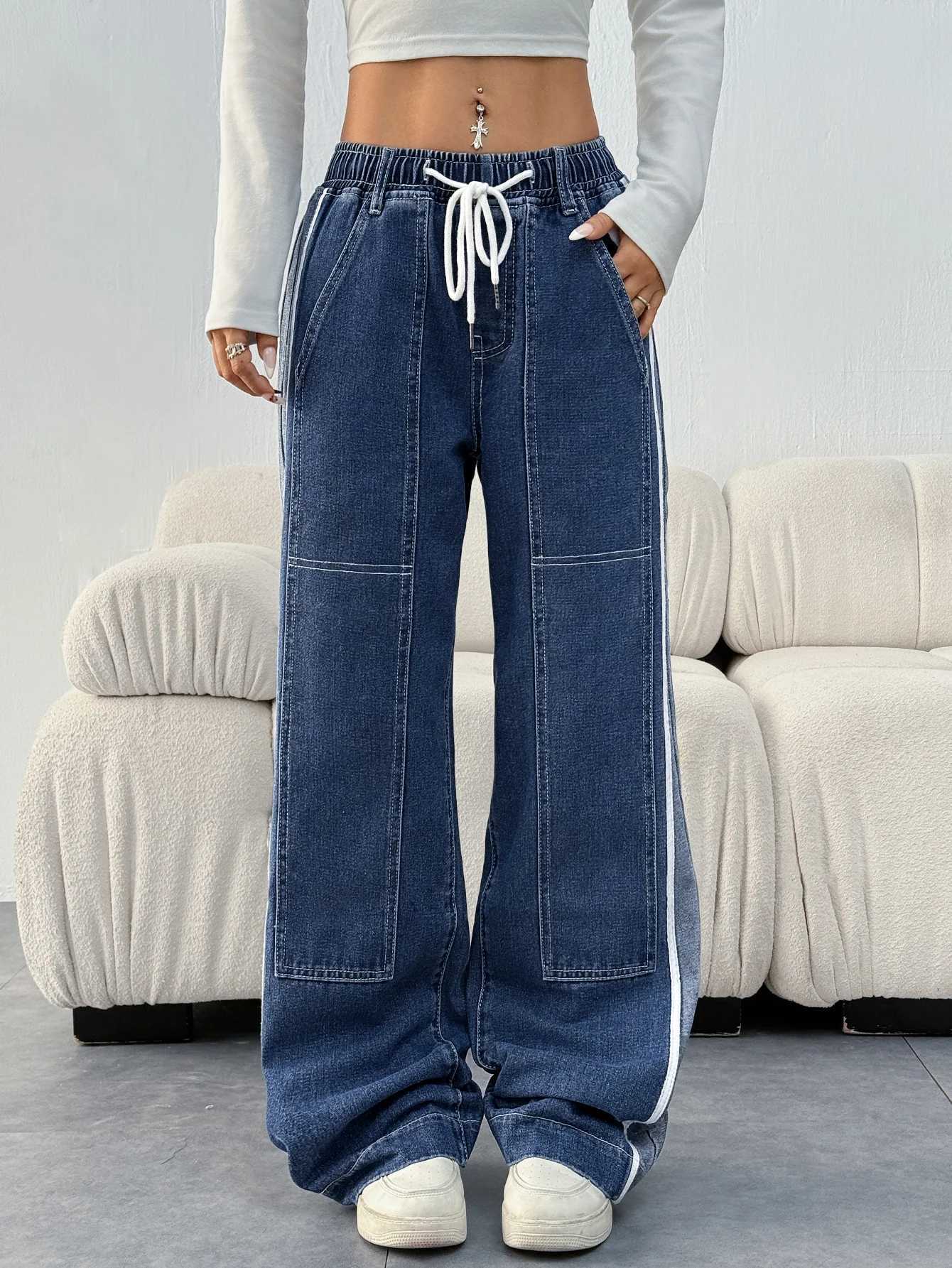 Womens Casual Style Loose Fit Jeans with Drawstring Waist and Slant Pockets Color Block Patchwork Denim Machine WashableT251013