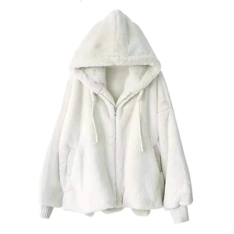 Nerazzurri Winter white oversized faux fur jacket women with hood raglan sleeve zipper Korean fashion clothing for womens 251029