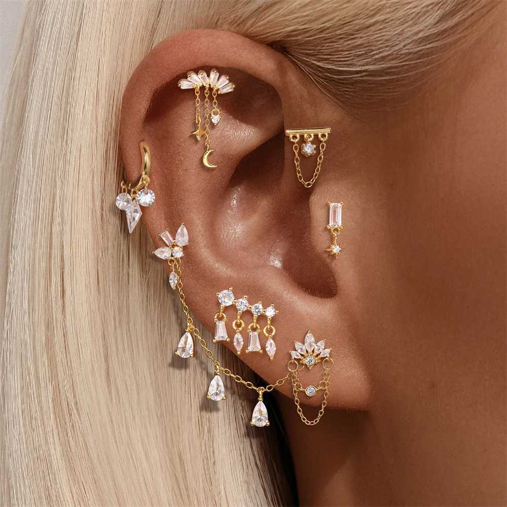CANNER 1PC 925 Sterling Silver Tassel Chain Eight Pointed Stars Moon Earrings For Women Ins Horse Eye Geometric Zircon Earring W251013