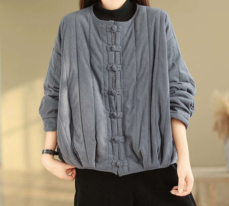 Plus Size Artistic Loose Corduroy Quilted Jacket For Autumn And Winter New Chinese Style Button Warm Cotton Coat B5