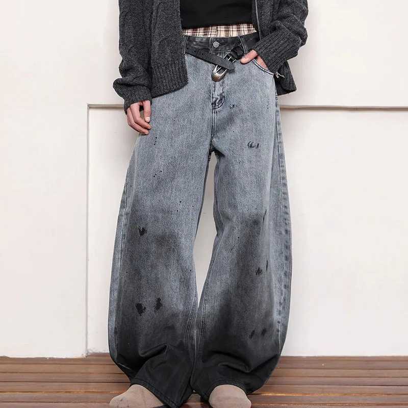Autumn Korean Retro Splashed Ink Graffiti Denim Curved Knife Pants Baggy Jeans Y2k Fashion Women Pants Casual Straight Leg PantT251013