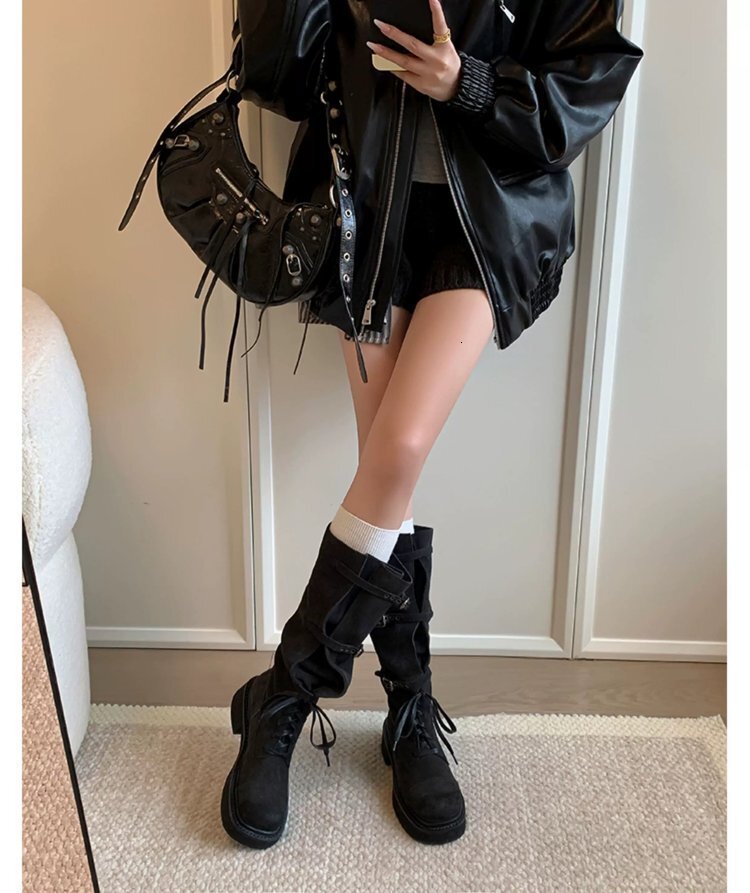 Cow leather suede women's long boots trend autumn and winter new loose waistband buckle French retro luxury women's boots designer boots