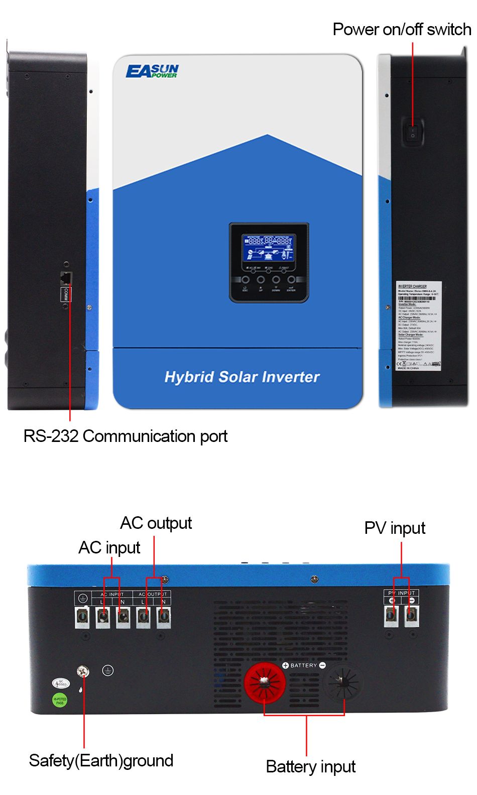 EASUN 4.2KW Hybrid Solar Inverter MPPT 120A 60V to 500VDC PV Input 220VAC 24VDC Solar Battery Charger with WIFI In EU