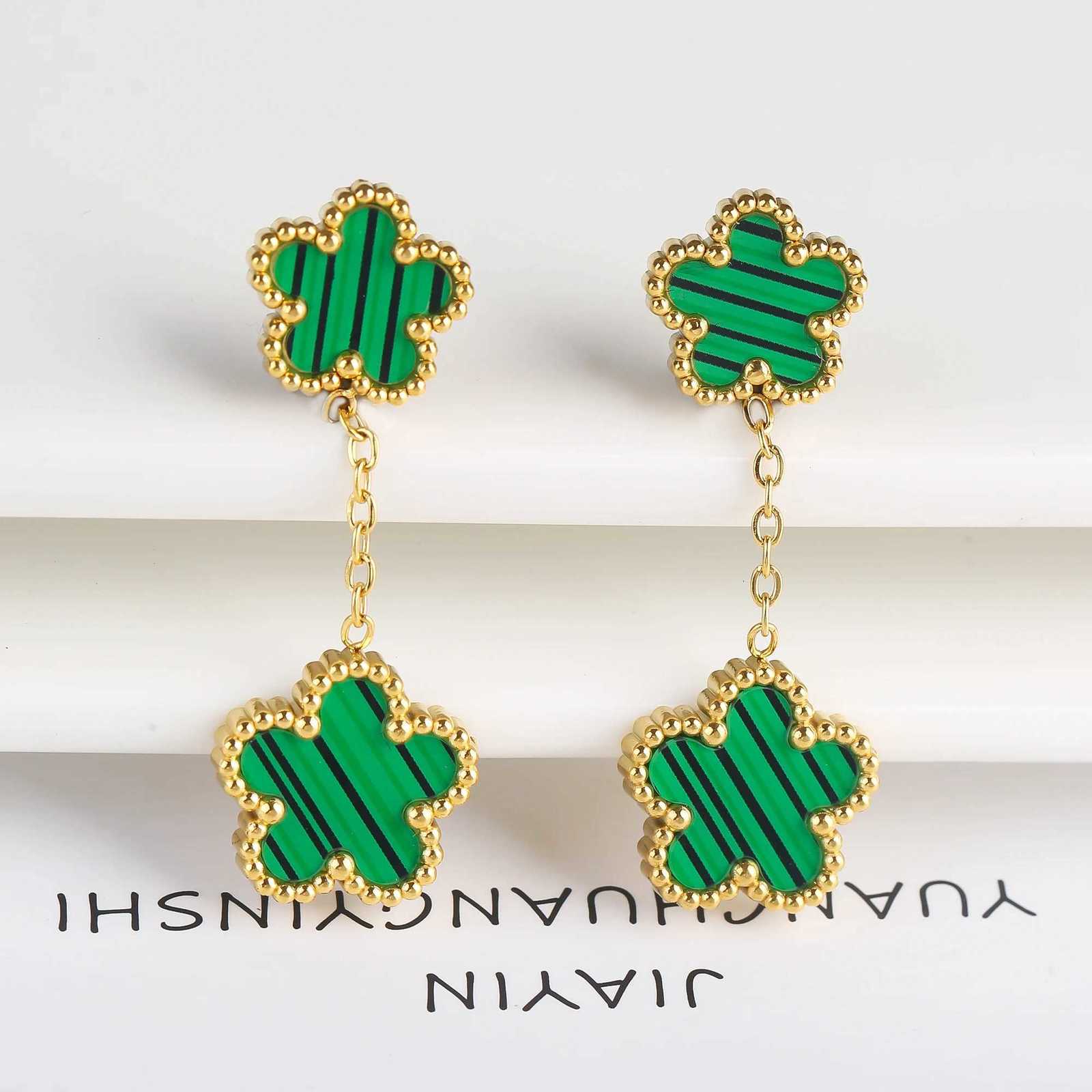 Luxury Stainless Steel Double Layer Five Leaf Flower Drop Earrings Fine Party Wedding Gift Temperament for Woman Flower JewelryW251013