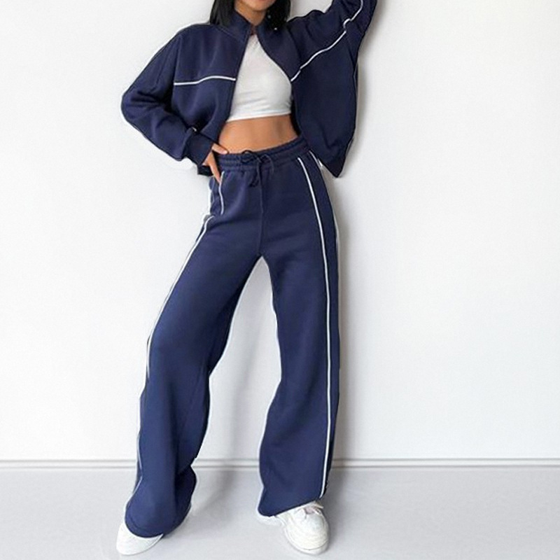 Women's Two Piece Pants Sport Stripe Sweatshirt Set Women Stand Collar Long Sleeve Elastic Waist Pant Sets Female 2025 Autumn Winter