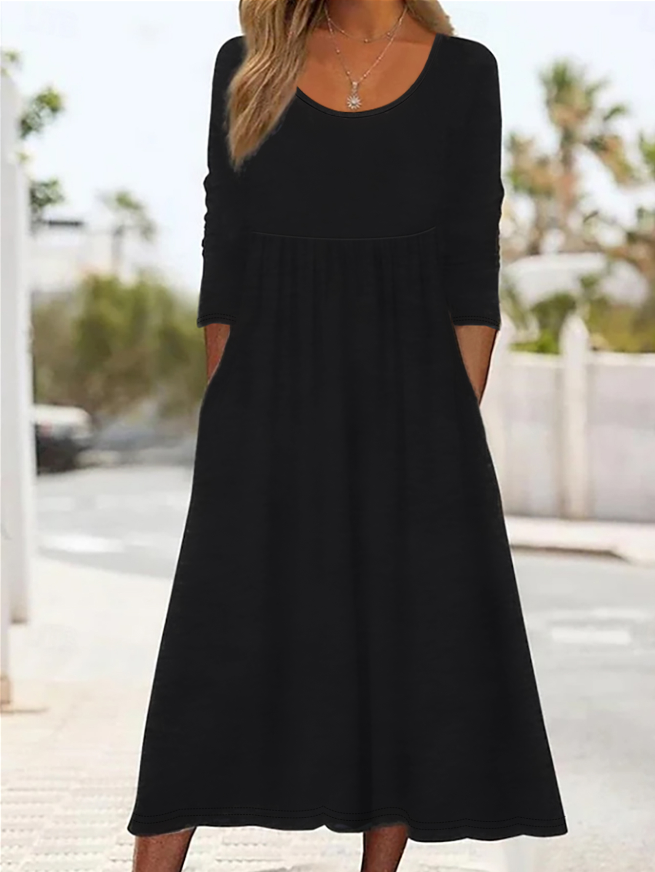 Women's Autumn Winter New Solid Color Round - Neck Long - Sleeve Midi Dress - Casual Daily & Outdoor Black Dress-CF51165
