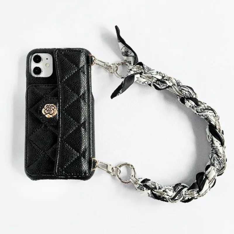 Camellia Flower Lambskin Leather Case For iPhone 17 Air 16 15 14 13 Pro Max Plus Hand Chain Of Silk Scarves Card Wallet Cover J251202