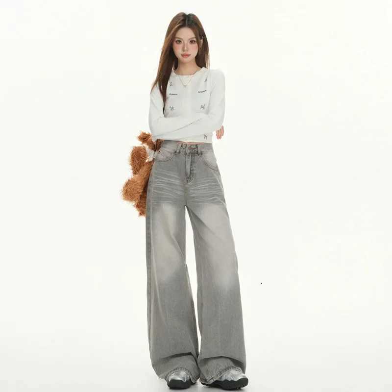 Gray American High Street Wide Leg Jeans Women Loose Drapey Slim Straight FloorLength Pants High Waist Button DecorationT251013