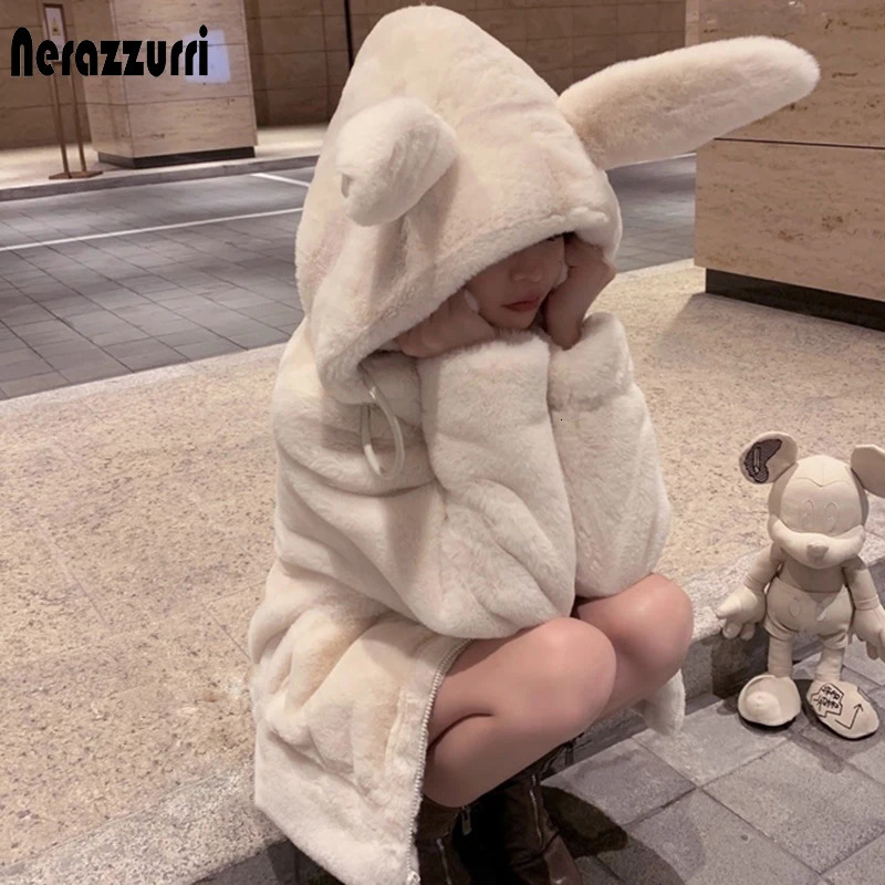 Nerazzurri Spring fluffy jacket with rabbit ears raglan sleeve zipper Oversize light soft harajuku kawaii faux fur hoodie 251029