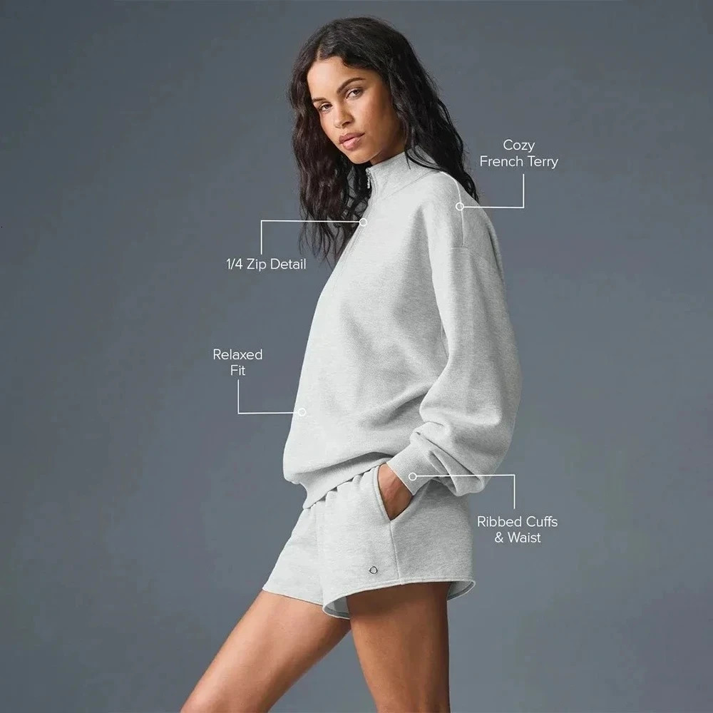 Longsleeved Solid Gray Zip Hoodies Women Sweatshirts Leisure Top Sport Yoga Stand Up Collar Pullover Fitness Loose Coat Autumn 251010