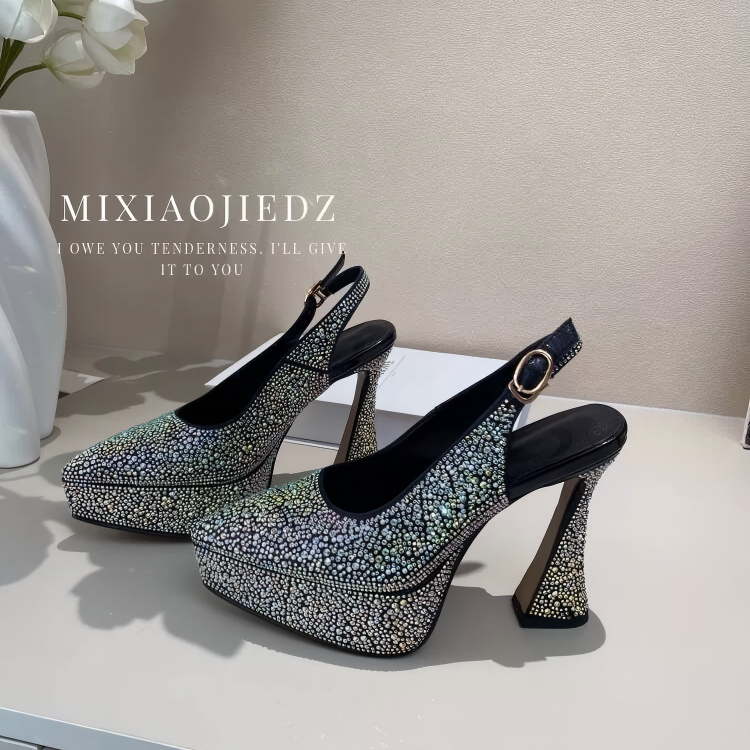 Women's Fashion Rhinestone - Embellished High - Heel Pumps - Pointed - Toe Slingback Platform Party Shoes-998