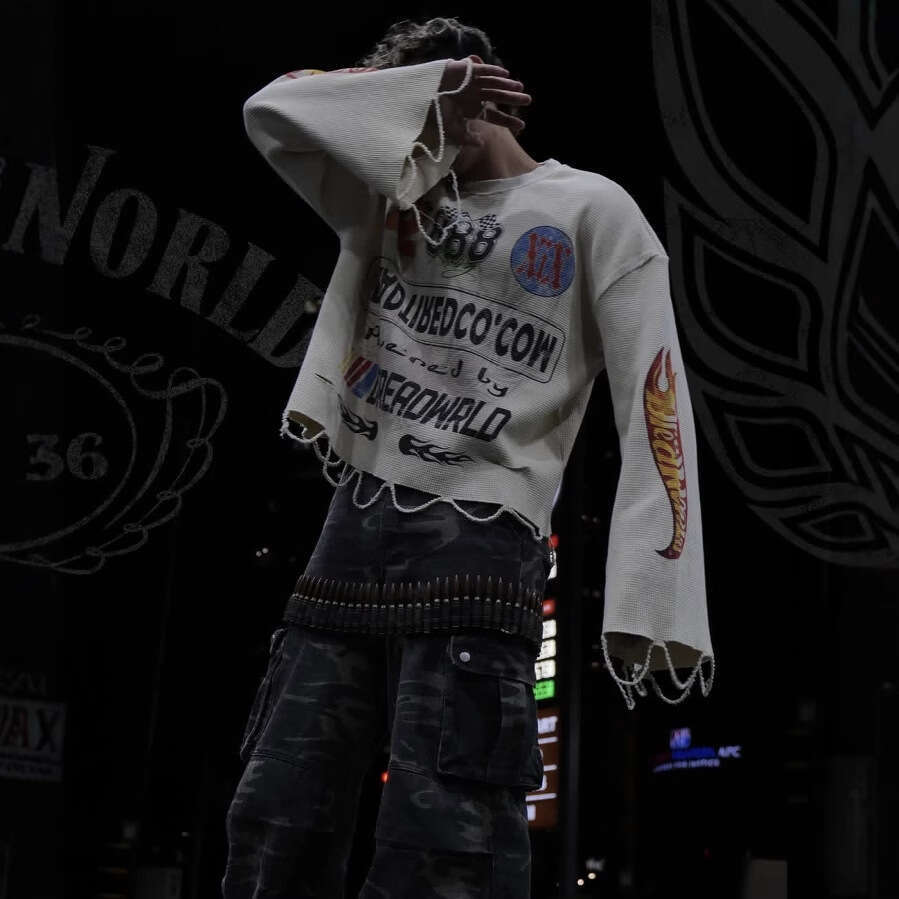 American Hip-Hop Street Casual Loose Crew Neck Motorcycle Print Long Sleeve Racing Shirt for Men