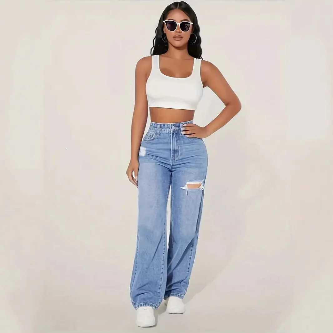 2025 Washed Ripped Highwaisted Wideleg Jeans New Four Seasons Fashionable and Versatile Casual Floorlength Jeans for WomenT251013