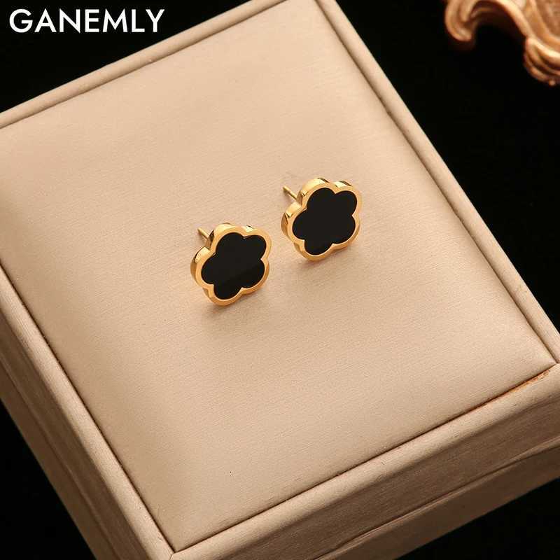 GANEMLY 316L StainlESS Steel Black Five Flower Stud Earrings For Women New TrenDY Waterproof Ear Jewelry Girls Gift entry luxW251013