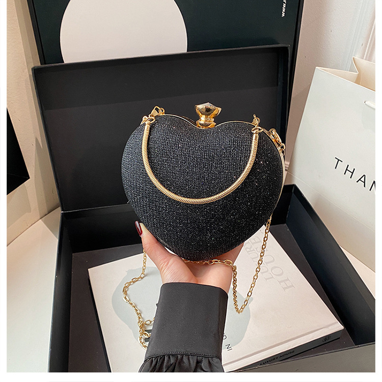 High-end Textured Versatile Chain Handbag for Weddings & Evening Parties Women's Cute Heart-shaped Mini Clutch with Rhinestones (Top-handle, Shou