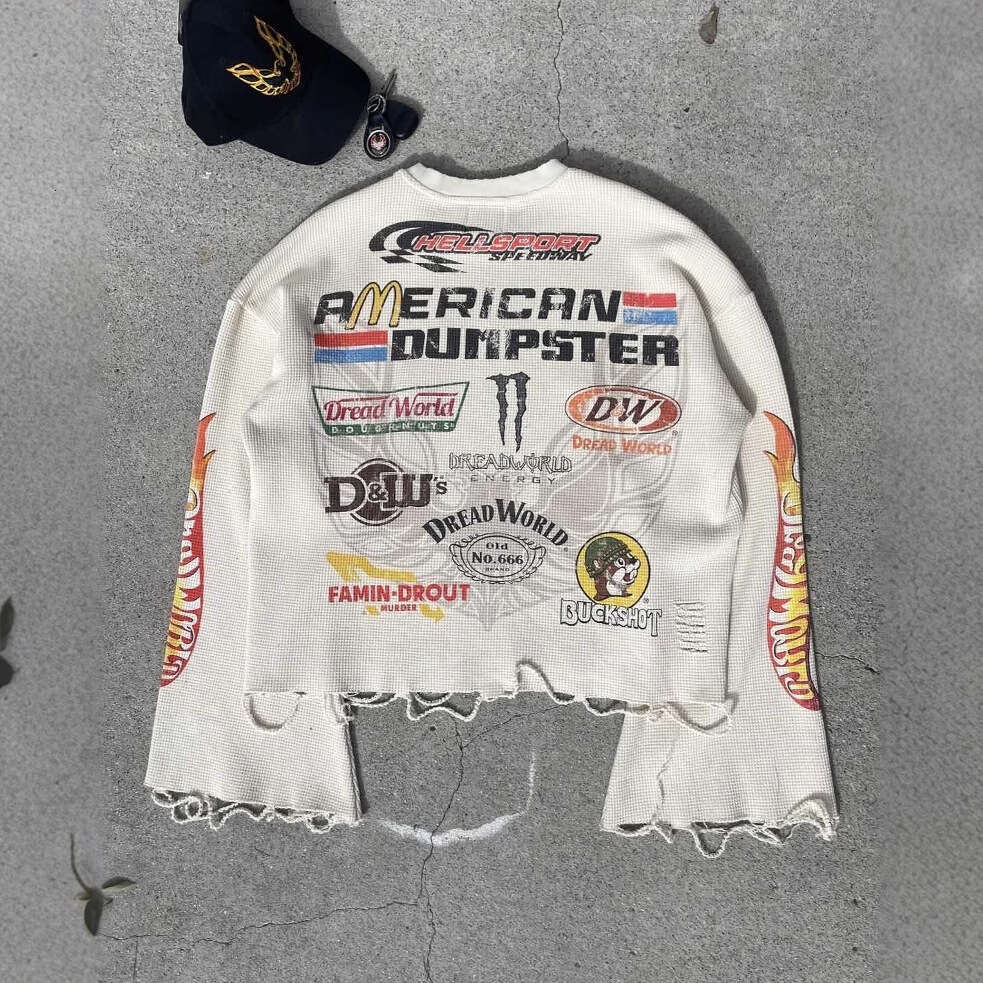 American Hip-Hop Street Casual Loose Crew Neck Motorcycle Print Long Sleeve Racing Shirt for Men