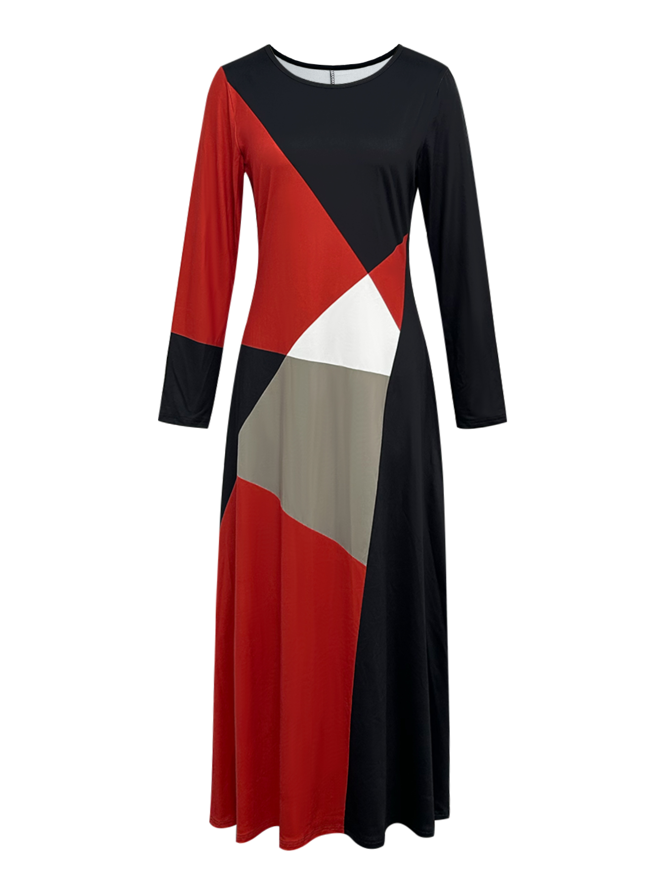 Women's Autumn Winter Mixed Color Block Long - Sleeve Maxi Dress - Elegant Fashion Party Dress-CF55181