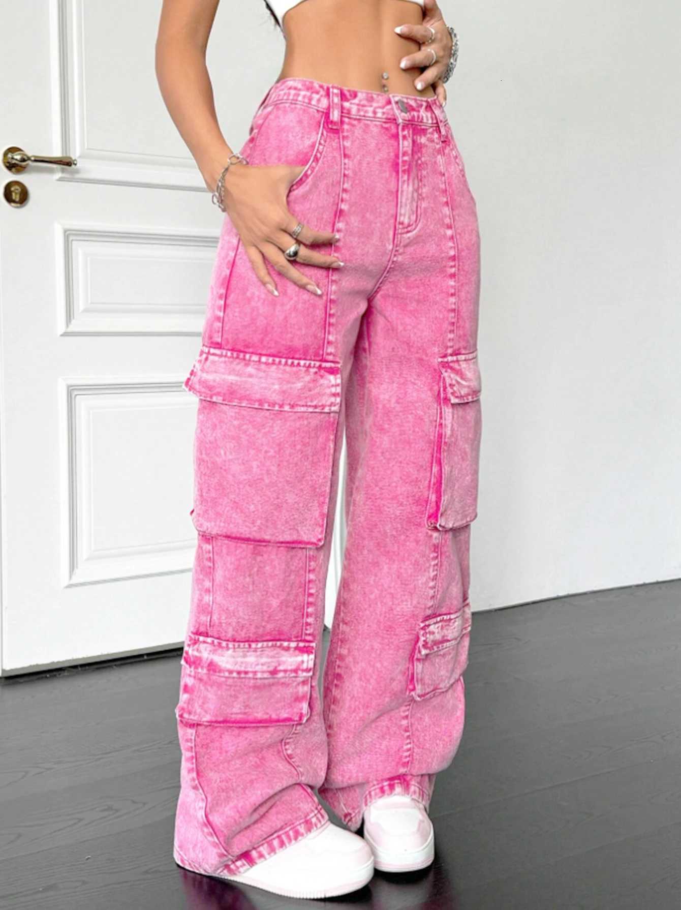 Pink cotton womens wideleg loosefitting jeans multipocket Y2K style pink fashionable jeansT251013