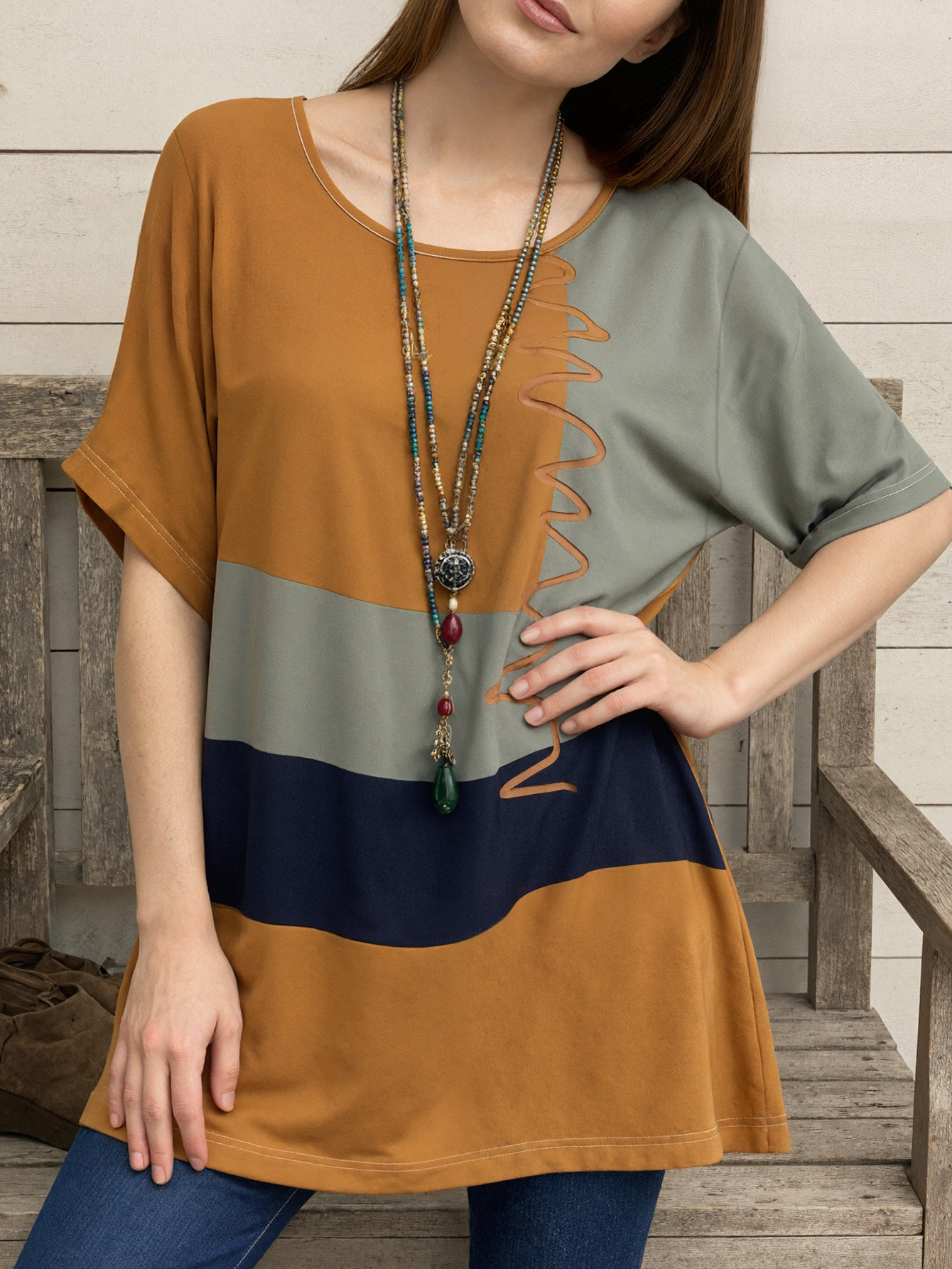 Women's Spring Summer Color - Block Printed Round Neck Top - Versatile Retro Casual & Loungewear Top-CF52778