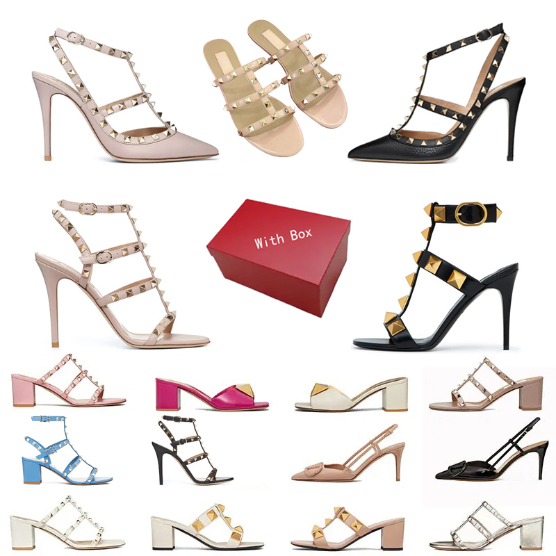 Designer High Heel Sandal With Box Dress Shoes Ankle Strap Roman Studs Black Nude Strip stiletto Peep-Toe Point Toe Rivets Womens Party Wedding Stiletto Block Heel