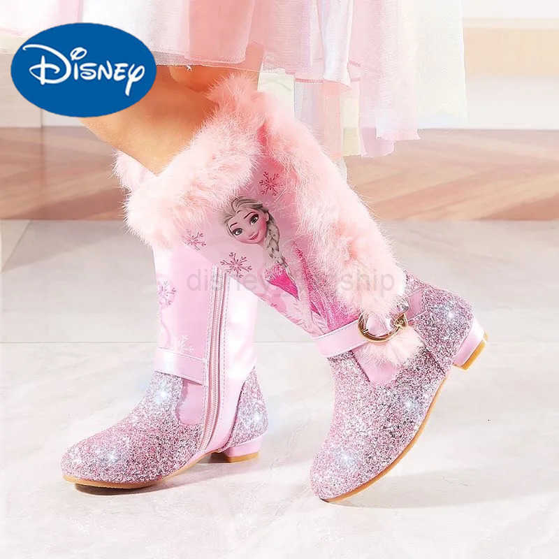 Disney Girls High Heel Boots Winter Childrens High Sleeve Plush Snow Warm Boots Princess Elsa Long Pink Blue Boots Size 2637XJ251013
