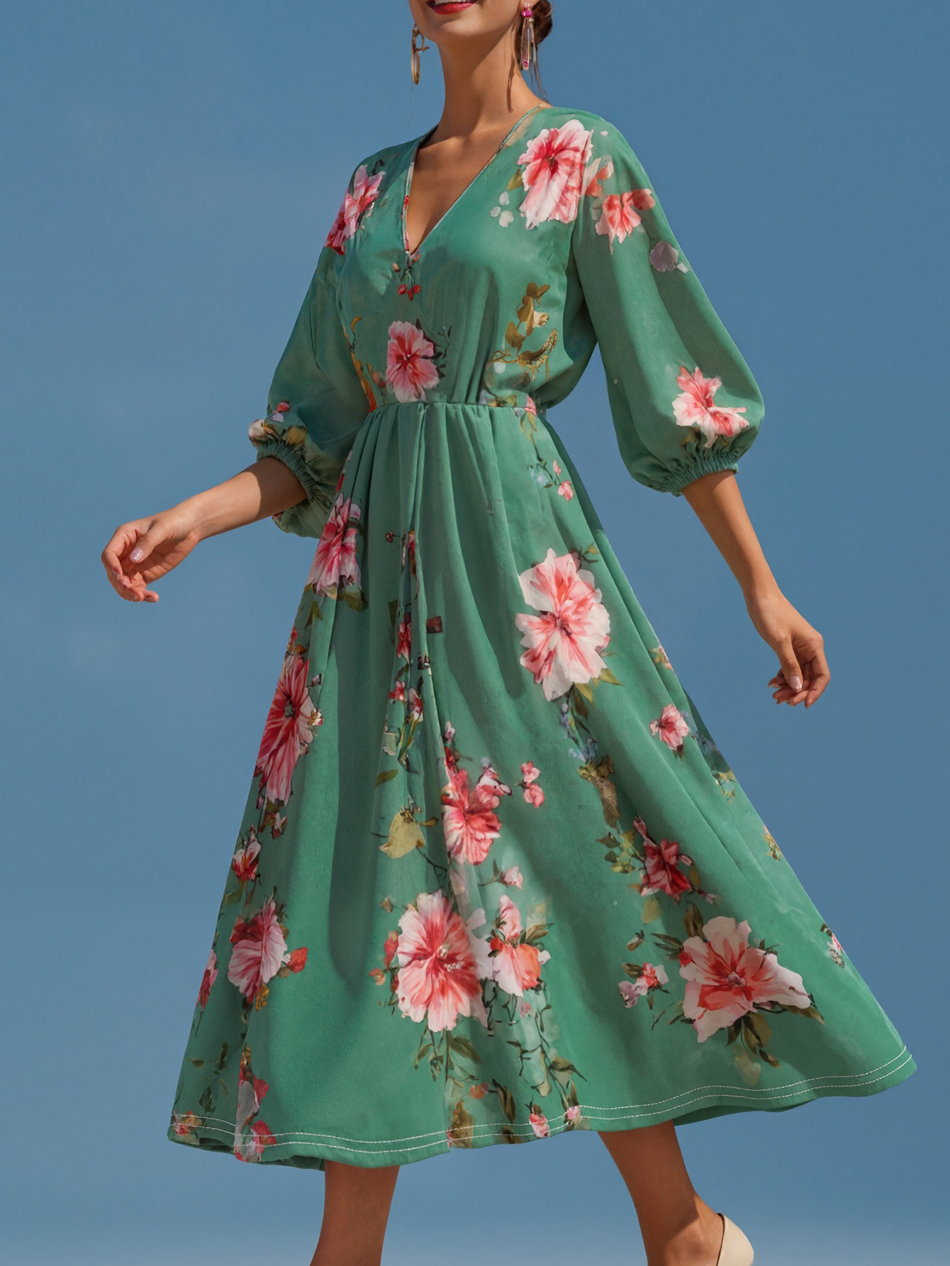 Women's New Fashion Vacation Floral Printed Midi Dress - Elegant V - Neck 3/4 Sleeve Green Dress-CF52915