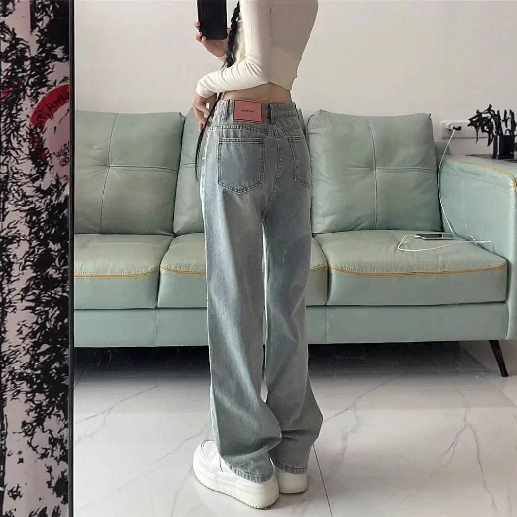 Retro American Wide Leg Denim Jeans Womens High Waist Straight Slimming Spring Autumn Drapey Slim FloorLength PantsT251013
