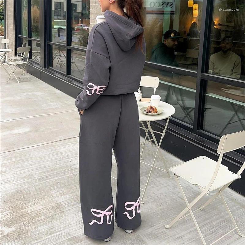 Women's Hoodies Spring Autumn Winter Loose Pants Leisure Suit Women Long Sleeve Bow Print Hoodie Top Trouser 2 Piece Set Fashion Jogging
